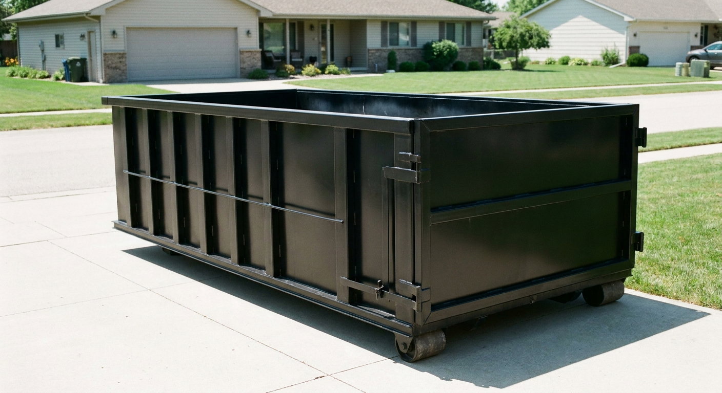 Matte-black 10-yard roll-off dumpster on a residential concrete driveway in Southfield, uniformly painted matte black across every panel and rail, ribbed steel sidewalls and rear swing door visible, mid-day daylight.