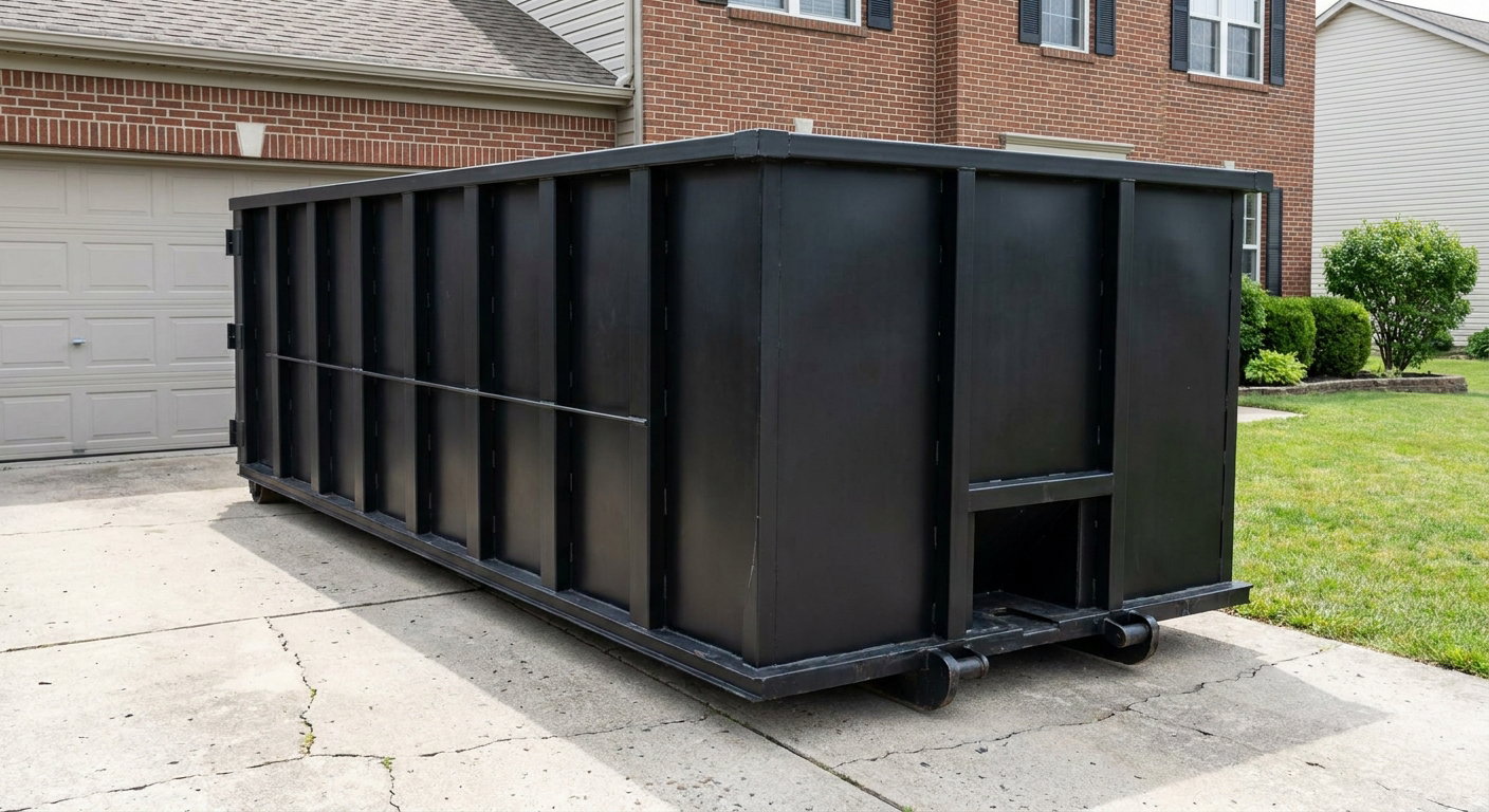 Matte-black 20-yard roll-off container on a Southfield residential concrete driveway with reinforced ribbed steel sidewalls and a hinged rear walk-in door, clean bright daylight.