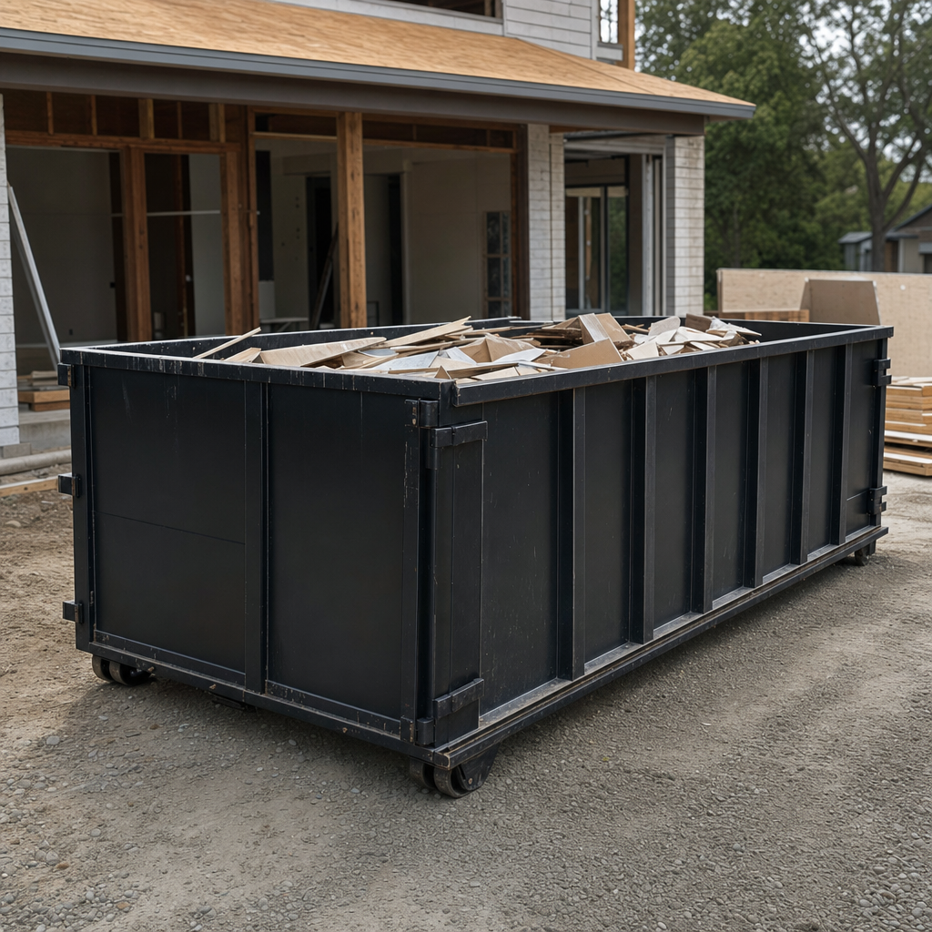 Large matte-black 30-yard construction roll-off dumpster at an active Southfield jobsite, steel-gray top rails and bottom rollers visible, loaded with construction debris.