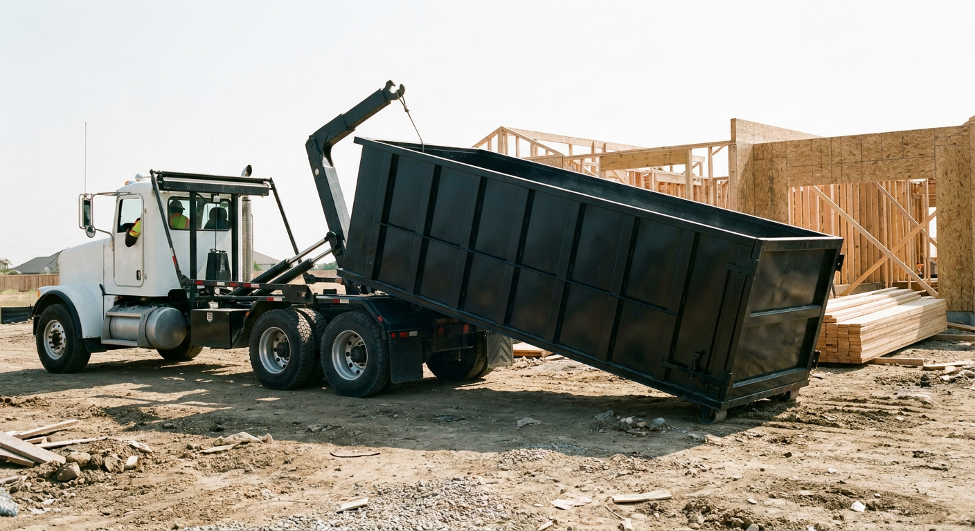 Matte-black roll-off dumpster being delivered onto a clean residential concrete driveway in Southfield by an unmarked white hooklift hauler truck, bright morning daylight, documentary 35mm perspective.